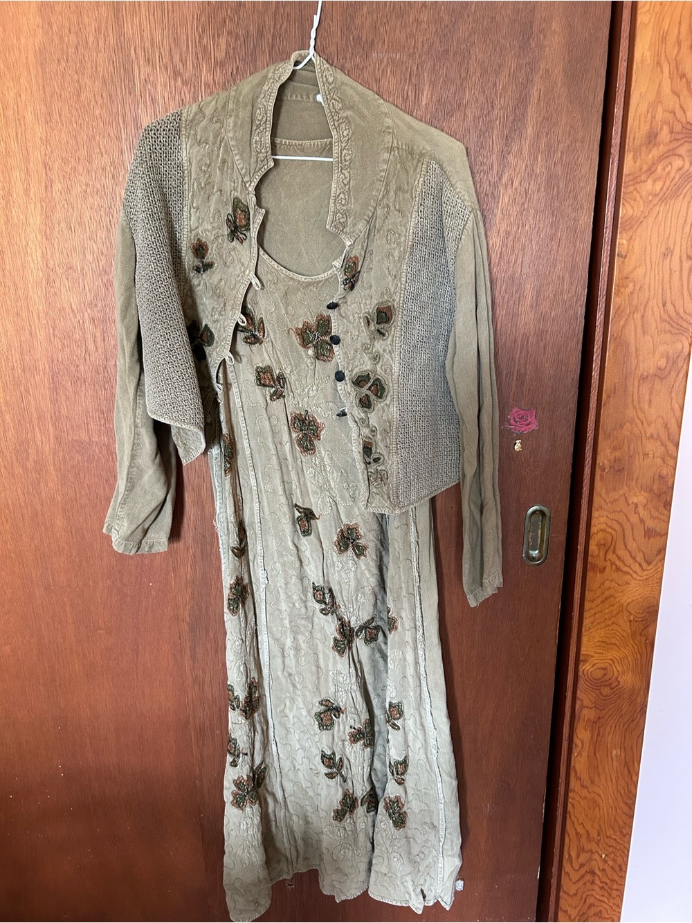 Embroidered Olive Green Maxi Dress with Matching Cropped Cardigan